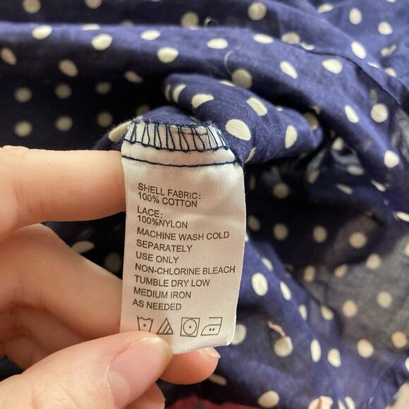 Trovata Birds‎ Of Paradis Navy Polka Dot Button-Up Shirt Size L Preppy Coastal - Picture 6 of 11